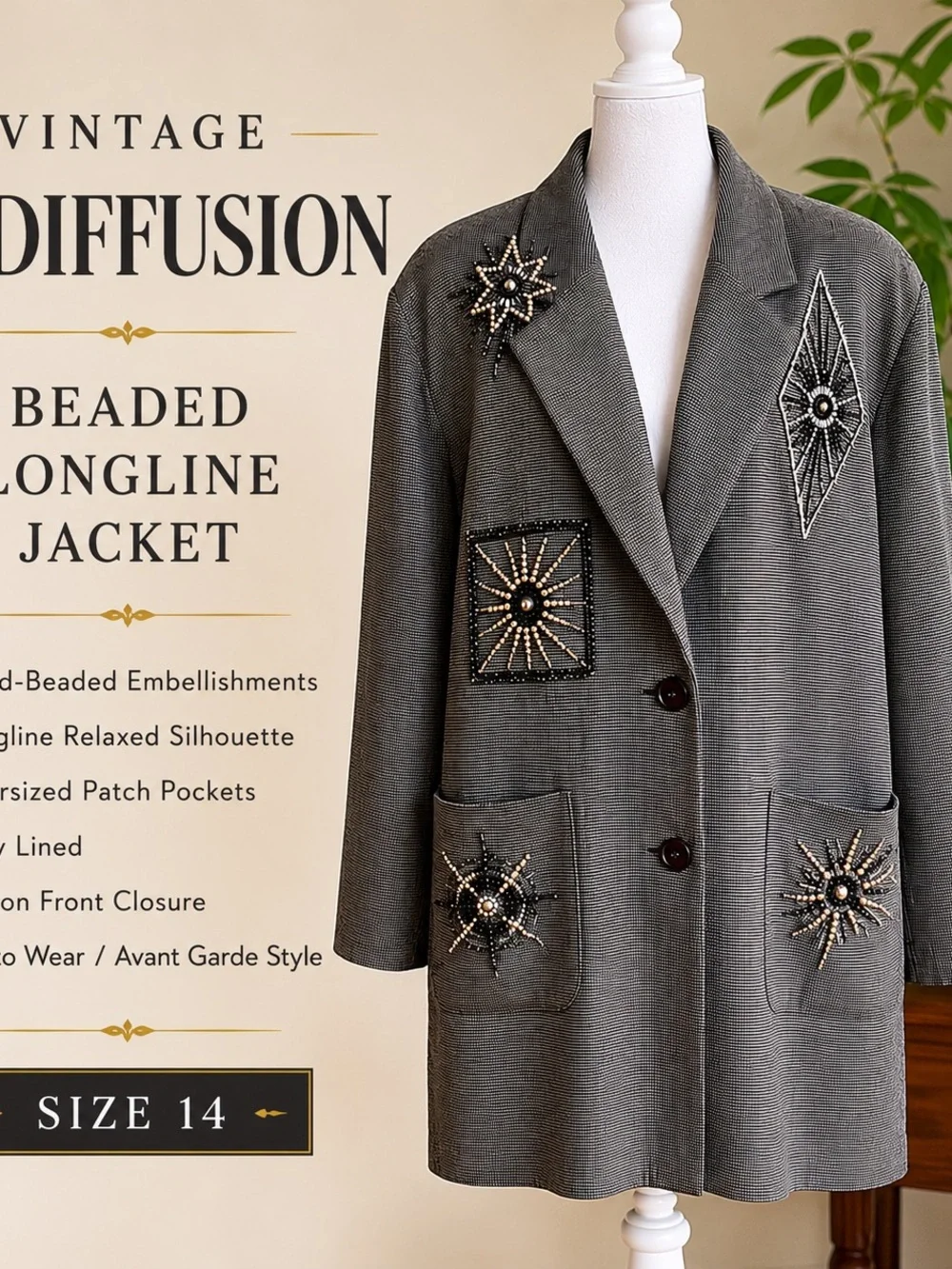 Vintage IB Diffusion Beaded Starburst Longline Blazer - Gray Size 14